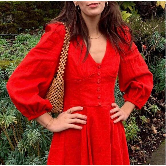 Staud Birdie Midi D Dress Red Linen Puff Sleeve Full Skirt bodice Button Front 6 - Picture 3 of 8